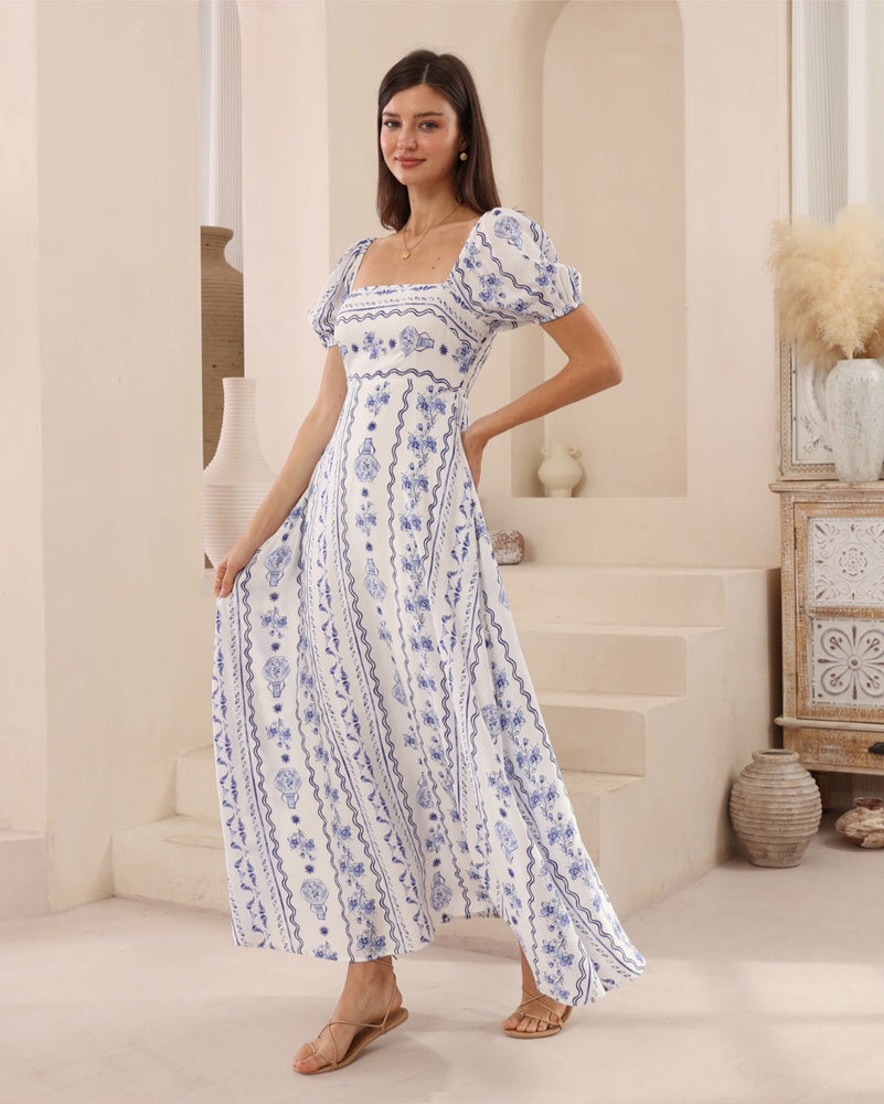 Iris Maxi Meg Maxi Dress with Square Neck Shirred Back Pockets - Sicily