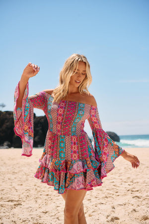 Jaase Primrose Mini Dress with Flared Boho Sleeve Shirred Bust - Cedella