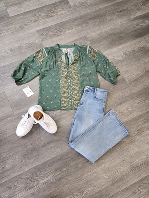 Jaase Montie Blouse with Mandarin Collar V-Neck - Viridian
