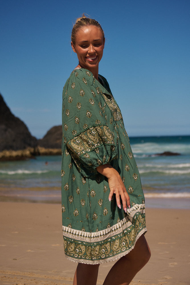 Jaase Adela Dress with Buttoned Bodice V-Neck Pockets - Viridian