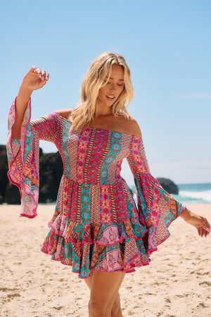Jaase Primrose Mini Dress with Flared Boho Sleeve Shirred Bust - Cedella