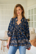 Jaase Boheme Blouse Top with Mandarin Collar V Neck Pockets - Adeline - Style House Fashion Jaase