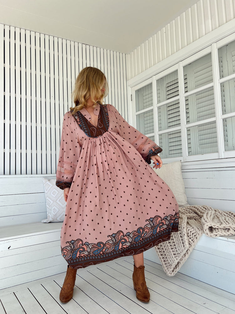 Jaase Boheme Midi Dress with Long Sleeve Lace Detail V Neck Pockets - Seraphina - Style House Fashion Jaase Jaase Jaase