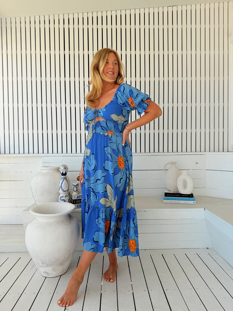 Jaase Rini Midi Dress V Neck Off Shoulder Elastic Waist - Blue Bell - Style House Fashion Jaase