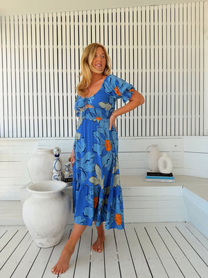 Jaase Rini Midi Dress V Neck Off Shoulder Elastic Waist - Blue Bell - Style House Fashion Jaase