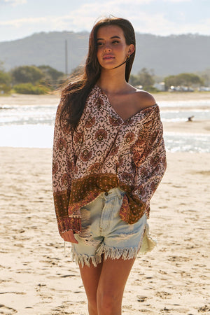 Jaase Rue Top Blouse with V Neck Billowy Sleeve - Wild Gypsy - Style House Fashion Jaase