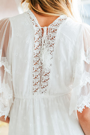 Jaase Bungalow Cotton Maxi Dress with V-Neck Lace Drawstring Batwing Sleeve - White - Style House Fashion Jaase