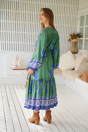 Jaase Willa Midi Dress with Pockets V-Neck Buttons Bodice Drawstring Waist - Bluebird - Style House Fashion Jaase Jaase