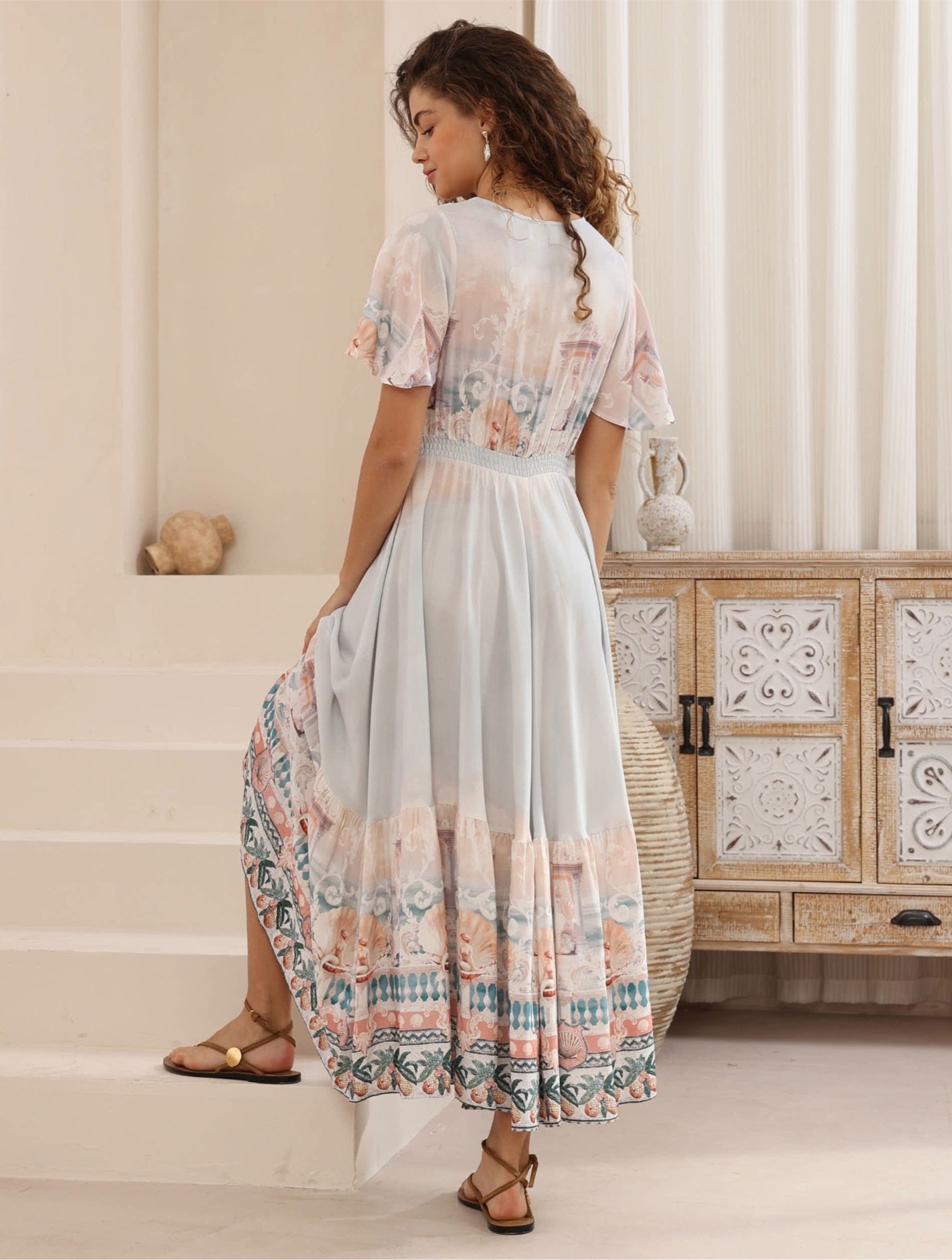 Iris Maxi Stacey Maxi Dress with V Neck Flutter Sleeve Empire Waist - Josephine - Style House Fashion