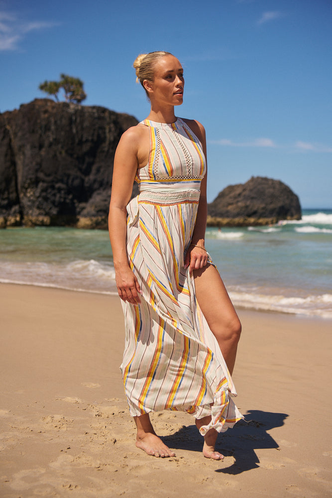 Jaase Endless Summer Maxi Dress with Halter Neck Tie Back Full Skirt - Coloured Sands - Style House Fashion Jaase