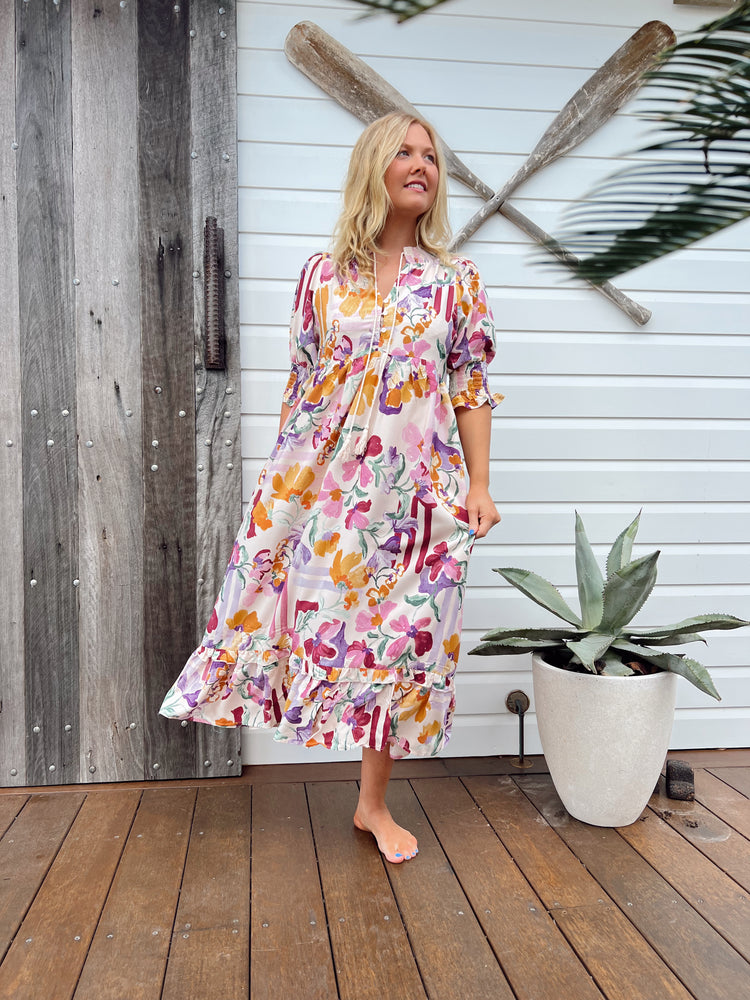 Jaase Kora Midi Dress with Tie Up V Neck Pockets Short Sleeve - Sweet Lilly - Style House Fashion Jaase Jaase