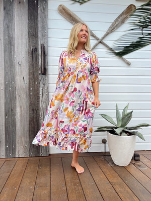 Jaase Kora Midi Dress with Tie Up V Neck Pockets Short Sleeve - Sweet Lilly - Style House Fashion Jaase Jaase