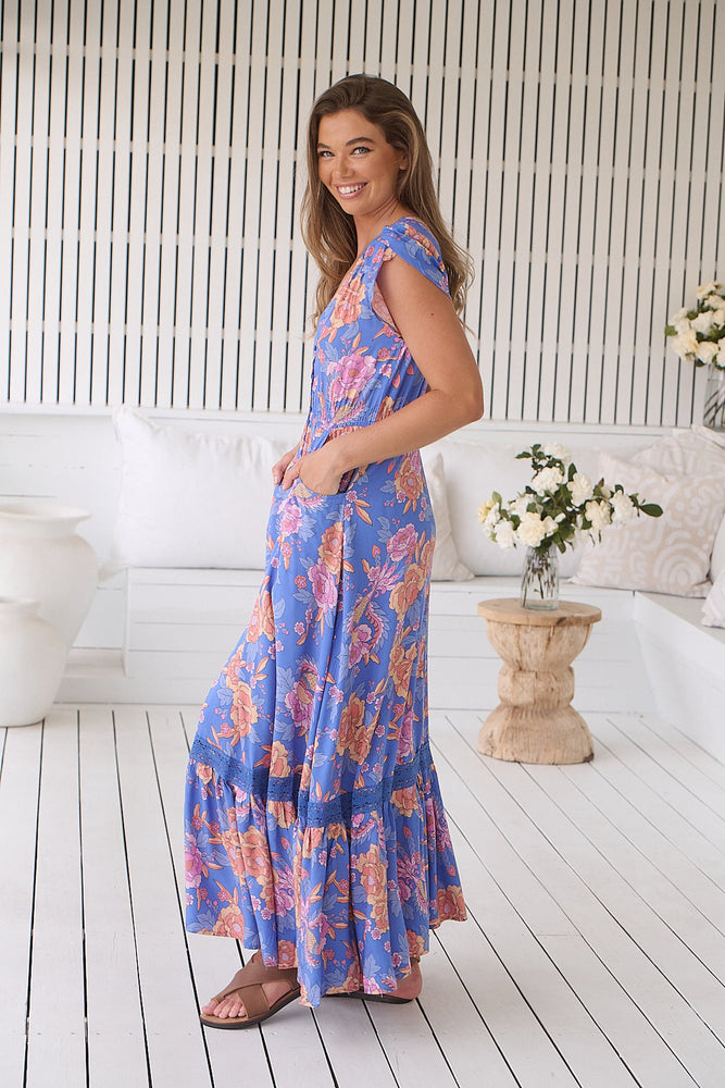 Jaase Carmen Maxi Dress with Cap Shell Sleeve V Neck Pockets - Glastonbury - Style House Fashion Jaase