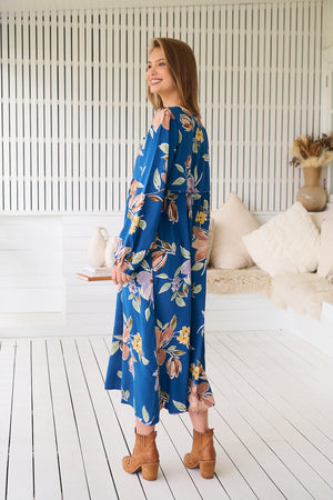 Jaase Penny Midi Dress with V-Neck Ties Elastic Cuff Sleeve - Georgia Blue - Style House Fashion Jaase