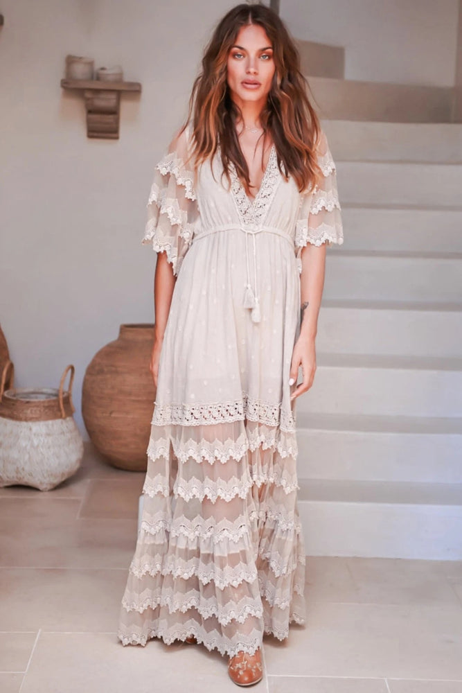 Jaase Bungalow Cotton Maxi Dress with V-Neck Lace Drawstring Batwing Sleeve - Mocha - Style House Fashion Jaase