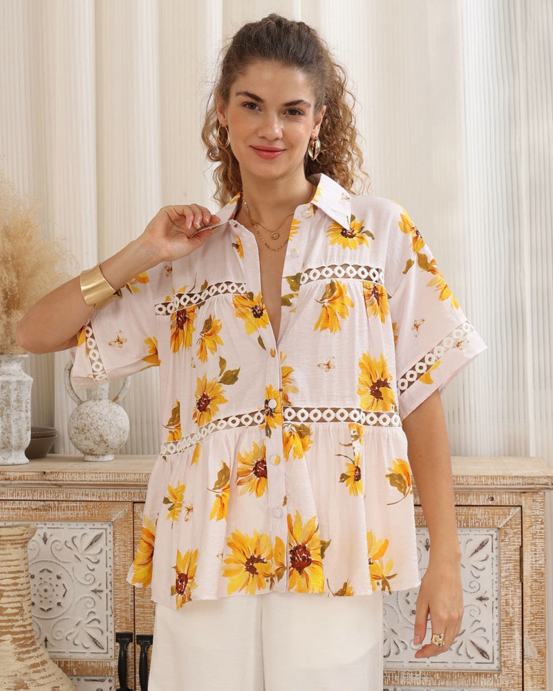 Iris Maxi Pippa Blouse Top with Collar V-Neck Sleeve Buttons - Daisy