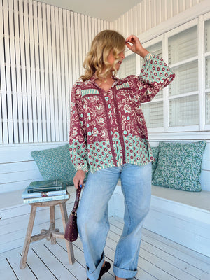 Jaase Bee Blouse Top with Mandarin Collar V Neck Buttons Lace Detail - Athena - Style House Fashion Jaase Jaase Jaase