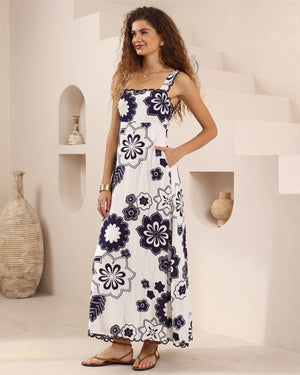 Iris Maxi Cienna Maxi Dress with Square Neckline Pockets Wide Adjustable Strap - Julietta