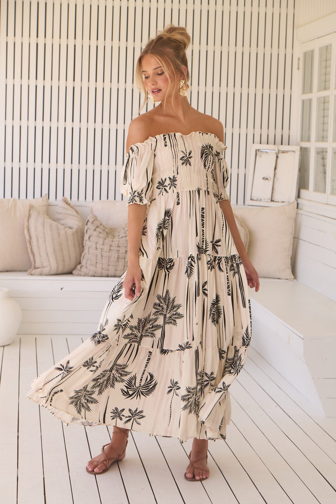 Jaase Claudette Maxi Dress With Shirred Bodice Puff Sleeve Off Shoulder Tiered Skirt - Serene - Style House Fashion Jaase Jaase