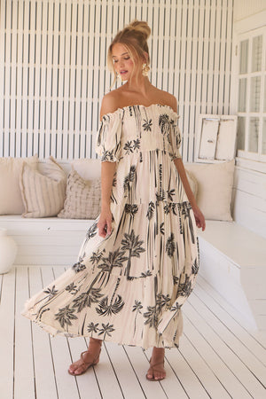 Jaase Claudette Maxi Dress With Shirred Bodice Puff Sleeve Off Shoulder Tiered Skirt - Serene - Style House Fashion Jaase Jaase