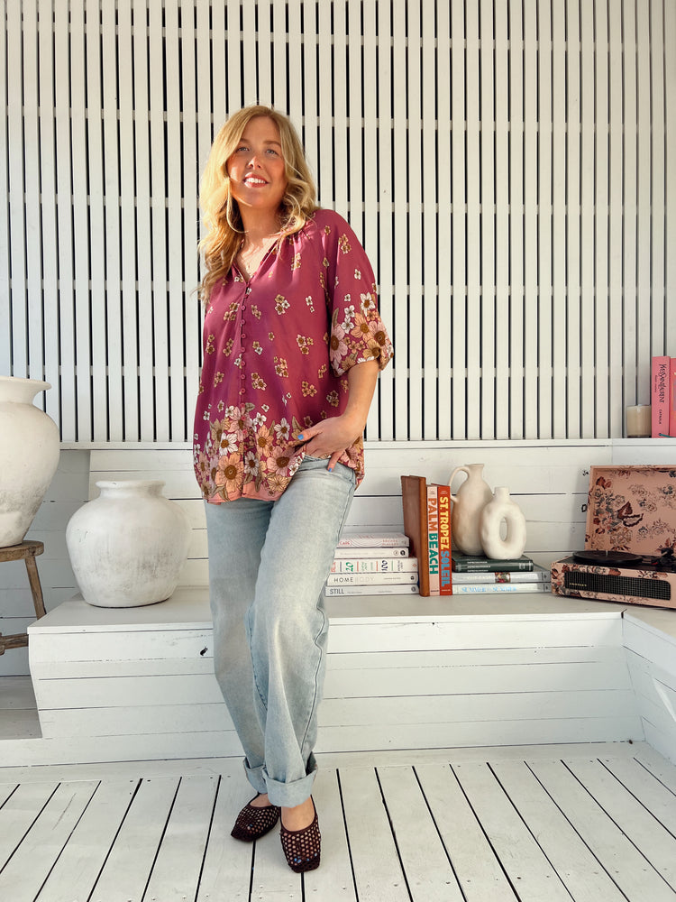 Jaase Arden Blouse with V-Neck Buttoned Half Sleeve Elastic Cuff - Bee Orchid - Style House Fashion Jaase
