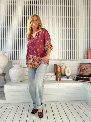 Jaase Arden Blouse with V-Neck Buttoned Half Sleeve Elastic Cuff - Bee Orchid - Style House Fashion Jaase