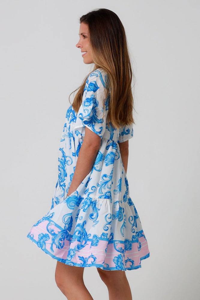 Isabella Amiri Mini Dress with V-Neck Buttons Pockets - Blue Flourish