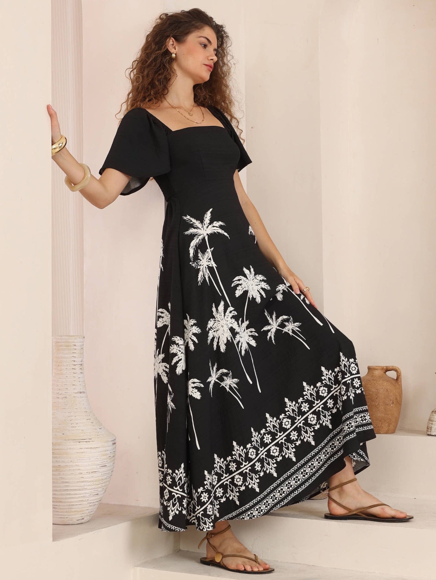 Iris Maxi Charlotte Maxi Dress with Shirred Bodice Flutter Sleeve - Midnight Palm - Style House Fashion