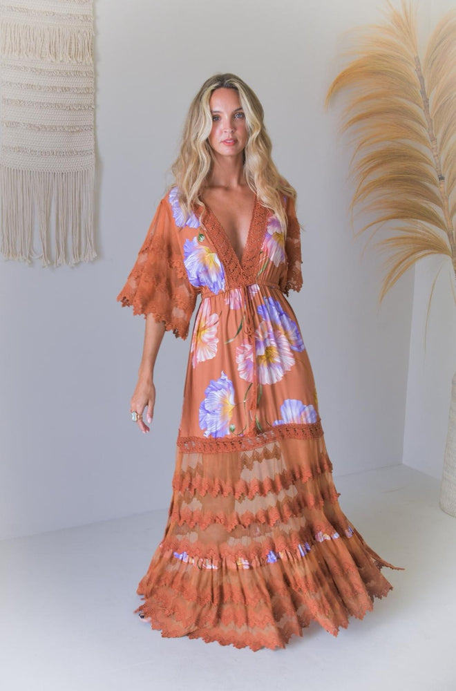 Jaase Bungalow Cotton Lace Maxi Dress with V-Neck Lace Drawstring Batwing Sleeve -Amara Bloom - Style House Fashion Jaase