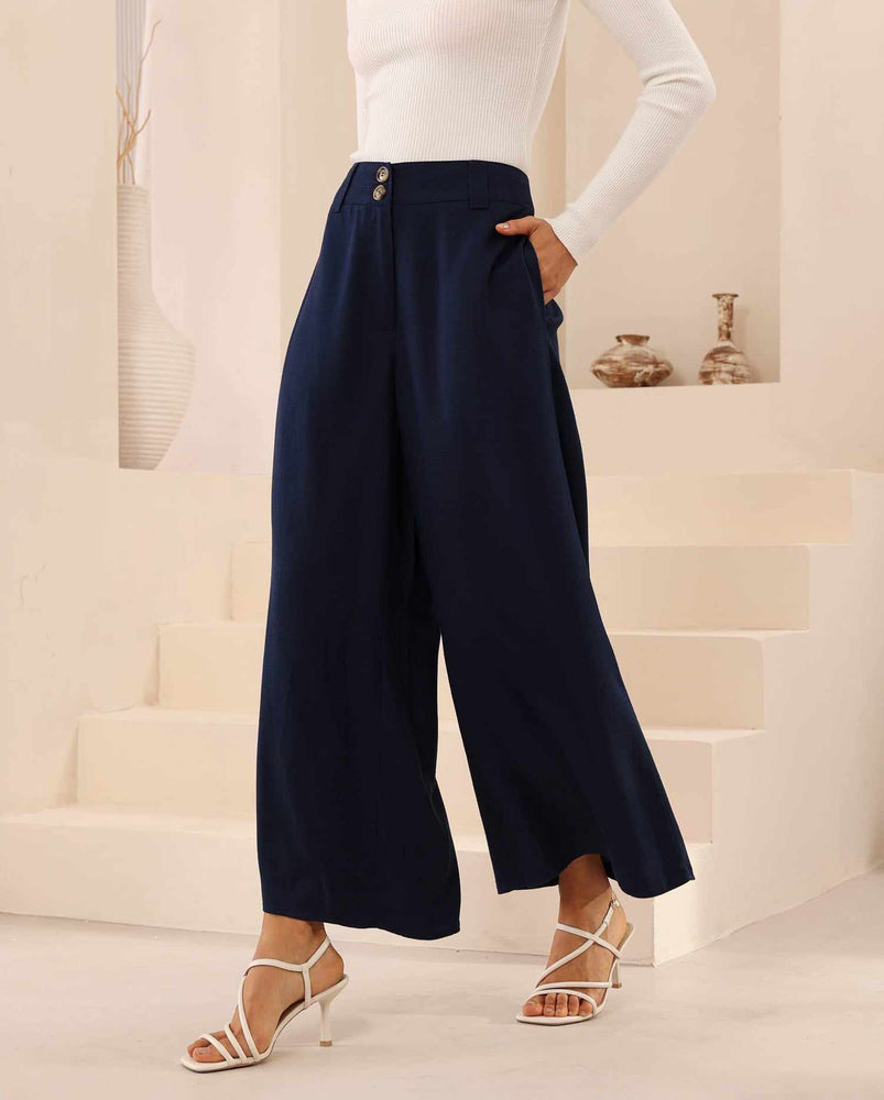 Iris Maxi Joplin Silk Linen Pants with Button Zip Front - Navy - Style House Fashion Iris Maxi