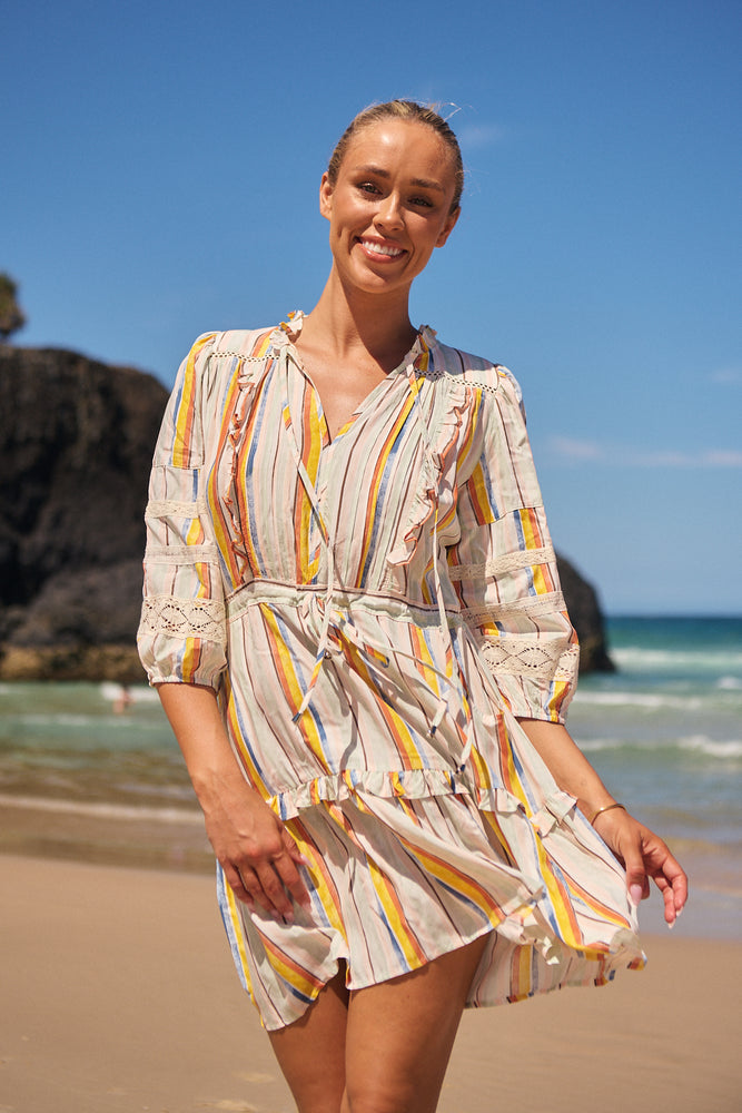 Jaase Remy Mini Dress with Pockets Drawstring Waist Half Sleeve Button Bodice - Coloured Sands - Style House Fashion Jaase Jaase