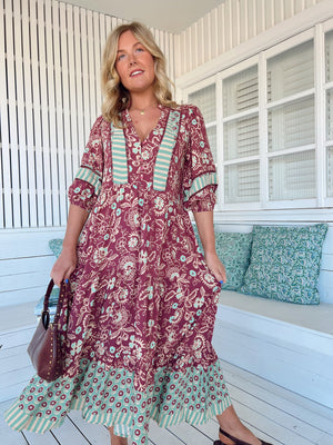 Jaase Mila Midi Dress with V Neck Buttoned Bodice Half Sleeve - Athena - Style House Fashion Jaase