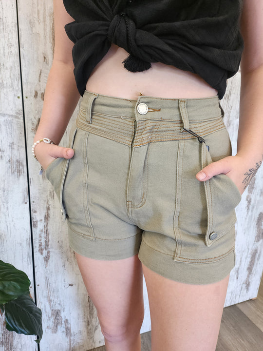 Country Denim Jodie Stretch High Rise Cargo Shorts Light Khaki