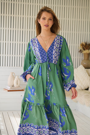 Jaase Willa Midi Dress with Pockets V-Neck Buttons Bodice Drawstring Waist - Bluebird - Style House Fashion Jaase Jaase
