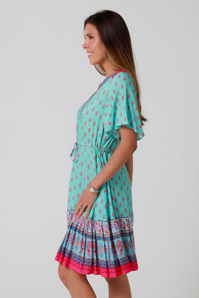 Isabella Wrenlea Mini Dress with V-Neck Pockets - Aqua Floral