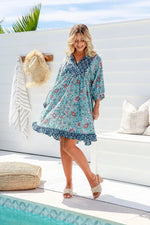 Joop & Gypsy Cindy Cotton Mini Dress V Neck Pockets - Blue Floral