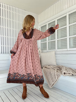 Jaase Boheme Midi Dress with Long Sleeve Lace Detail V Neck Pockets - Seraphina - Style House Fashion Jaase Jaase Jaase