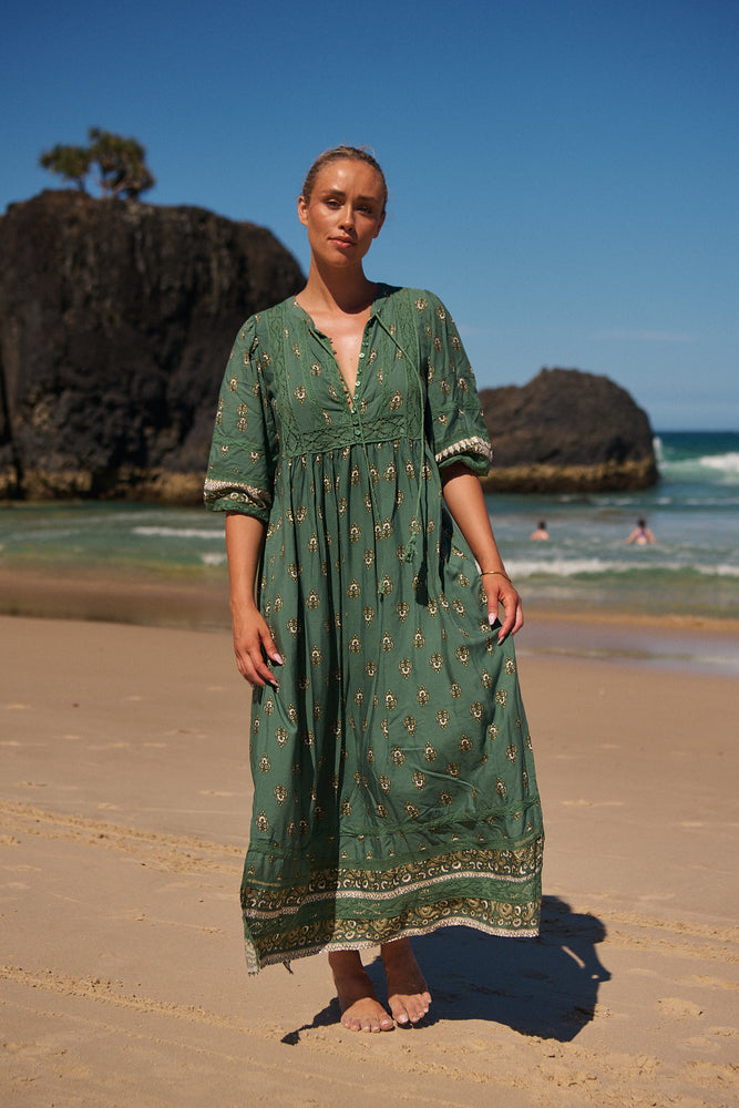 Jaase Meadow Maxi Dress with V Neck Button Bodice - Viridian