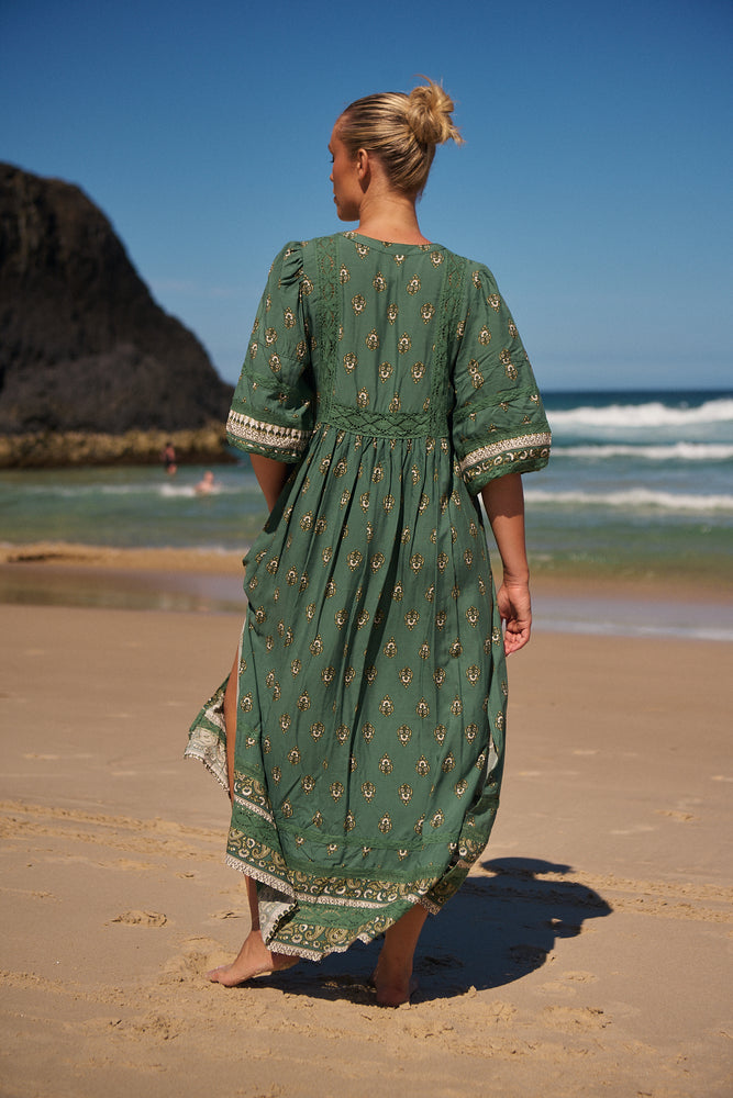 Jaase Meadow Maxi Dress with V Neck Button Bodice - Viridian