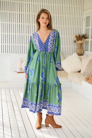 Jaase Willa Midi Dress with Pockets V-Neck Buttons Bodice Drawstring Waist - Bluebird - Style House Fashion Jaase Jaase