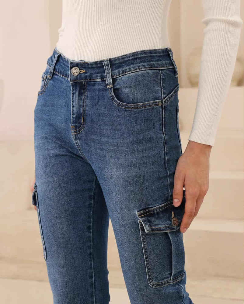 Iris Maxi Jenna Stretch Mid Low Rise Cargo Boot Leg Denim Jeans - Mid Blue