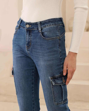 Iris Maxi Jenna Stretch Mid Low Rise Cargo Boot Leg Denim Jeans - Mid Blue