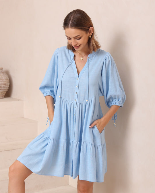 Iris Maxi Emma Mini Dress with V Neck Pockets Buttoned - Chambray