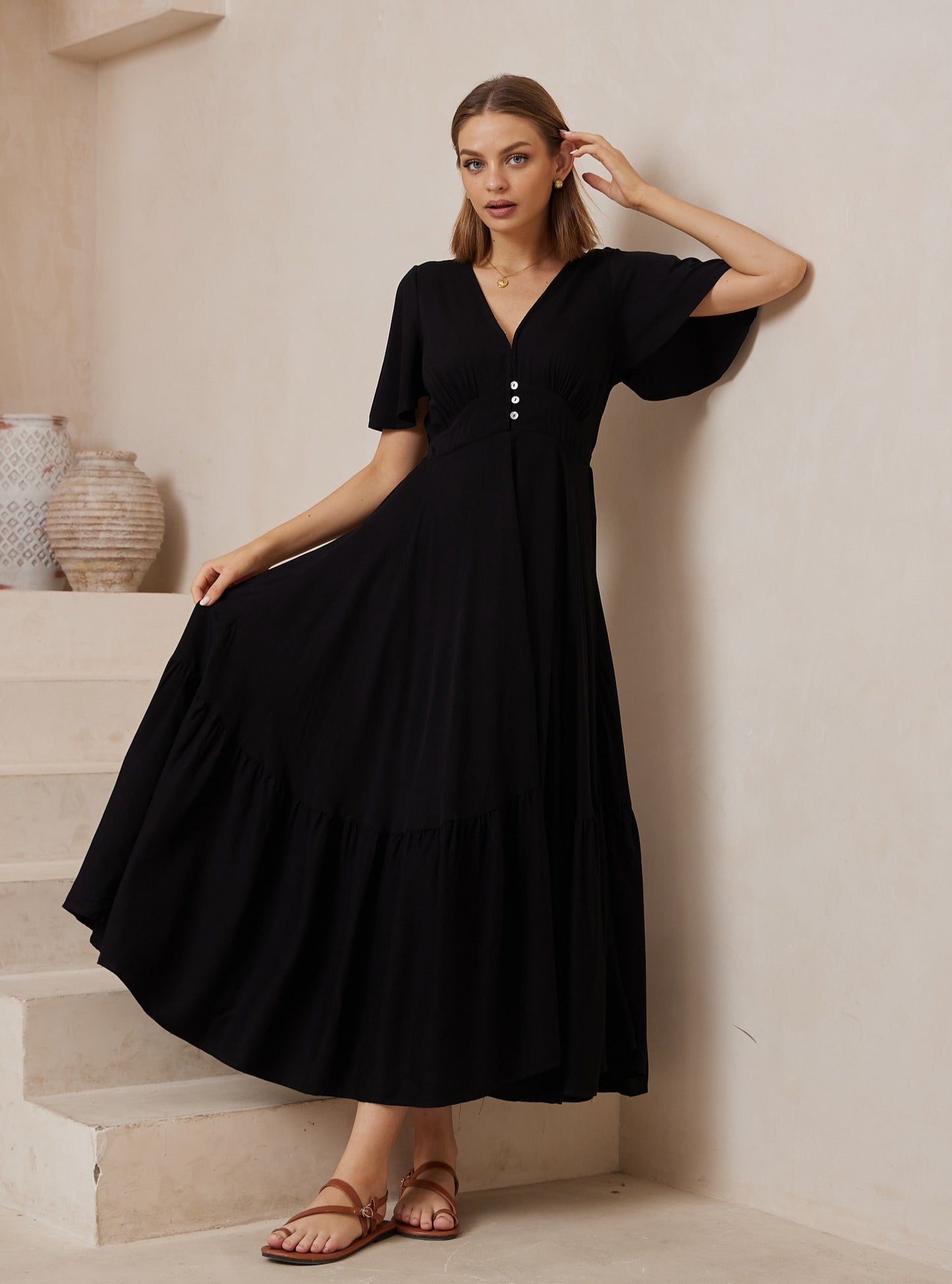 Iris Maxi Stacey Maxi Dress with V Neck Flutter Sleeve Empire Waist - Black - Style House Fashion