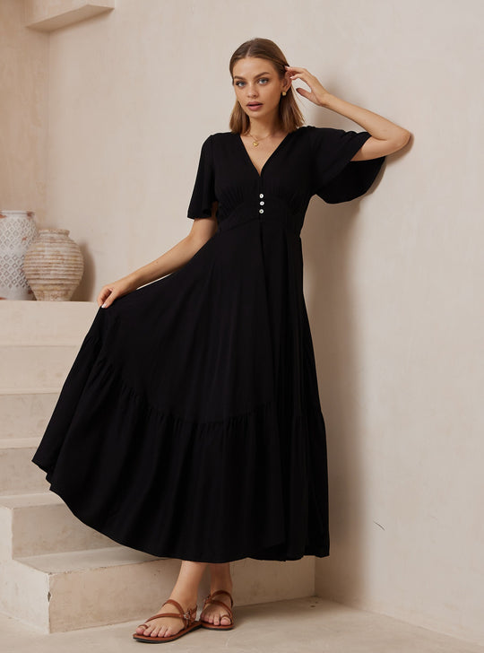 Iris Maxi Stacey Maxi Dress with V Neck Flutter Sleeve Empire Waist - Black