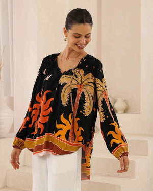 Iris Maxi Anna Cotton Blouse with V Neck Longline Back Billowy Sleeve - Sunburst