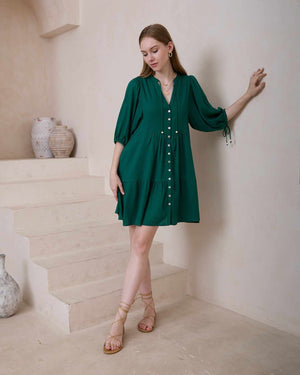 Iris Maxi Emma Mini Dress with V Neck Buttons Pockets - Bottle Green - Style House Fashion Iris Maxi Iris Maxi