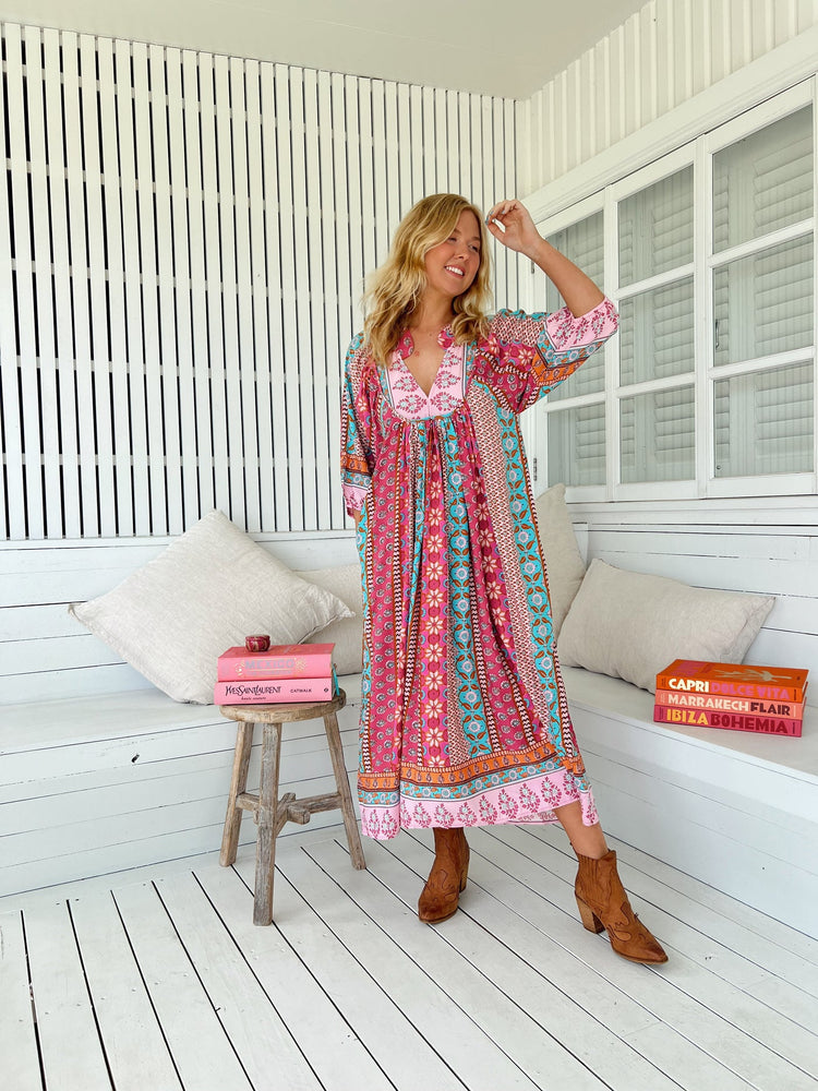 Jaase Boheme Midi Dress with Mandarin Collar V Neck Pockets - Cedella - Style House Fashion