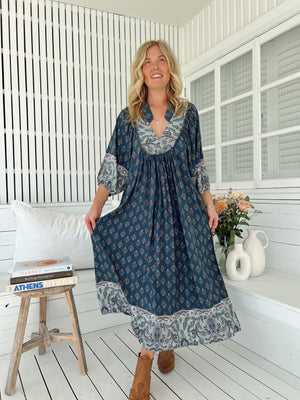 Jaase Boheme Midi Dress with Mandarin Collar V Neck Pockets - Nico - Style House Fashion Jaase Jaase