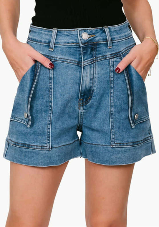 Country Denim Jodie Stretch High Rise Cargo Shorts - Mid Blue